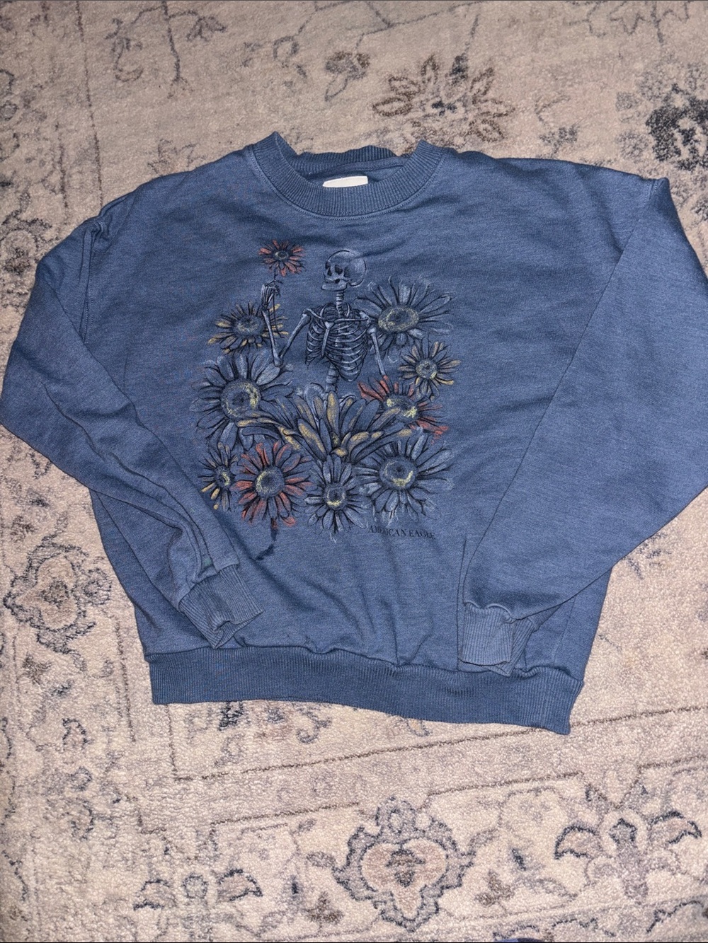 Vintage Blue Graphic Crewneck Sweatshirt - Skeleton & Daisies